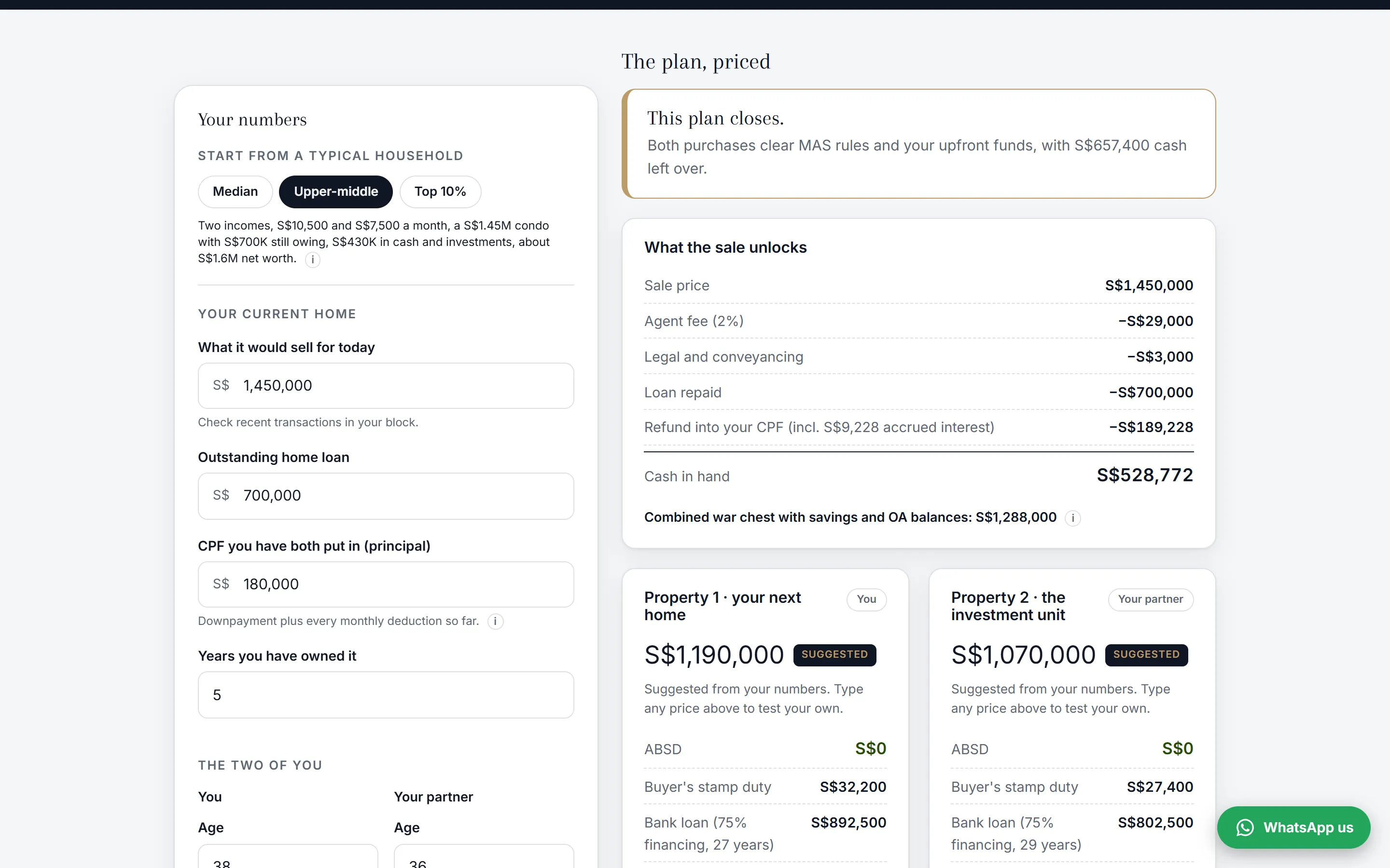 The asset progression planner on jnainvestments.sg, results beside the form. A verdict panel reads 'This plan closes', a table of what the sale unlocks ends in S$528,772 cash in hand, and two cards price the next home and the investment unit.