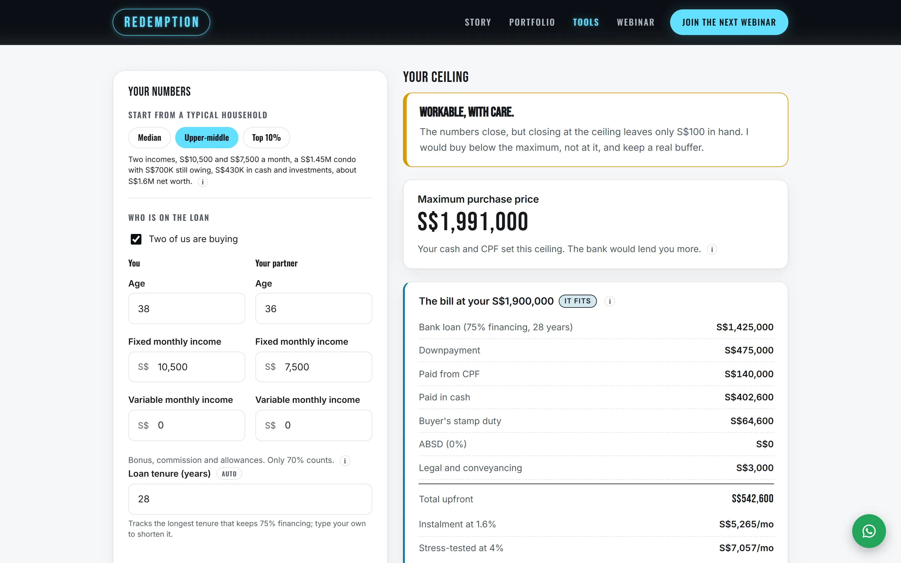 The affordability calculator's results beside its form. A verdict panel reads 'Workable, with care', the maximum purchase price is S$1,991,000, and the bill at S$1,900,000 is itemised: bank loan, downpayment, CPF, cash, stamp duty and the total upfront.
