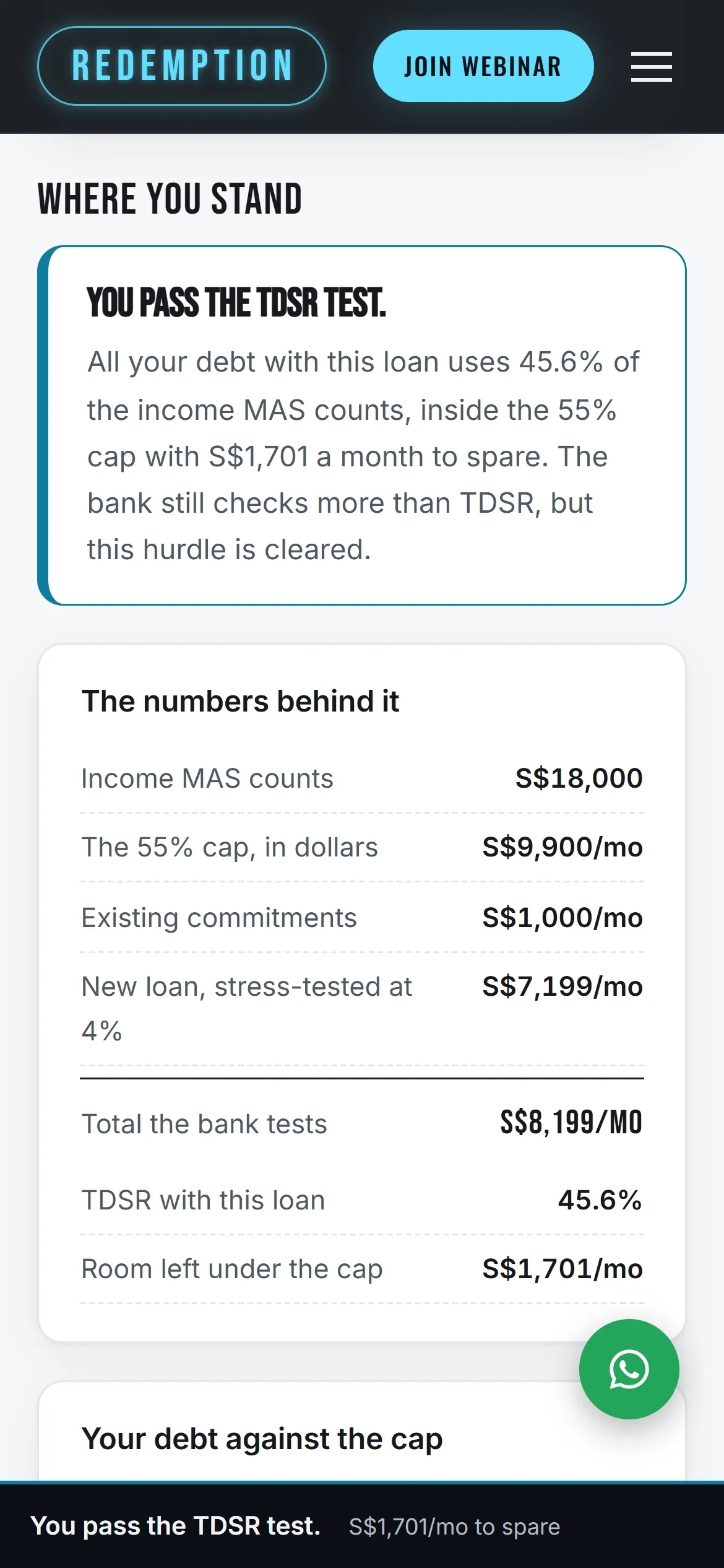 The TDSR calculator on a phone. The verdict 'You pass the TDSR test', a table of the numbers behind it from the income MAS counts to the room left under the 55% cap, and a bar fixed to the bottom of the screen repeating the verdict with S$1,701 a month to spare.