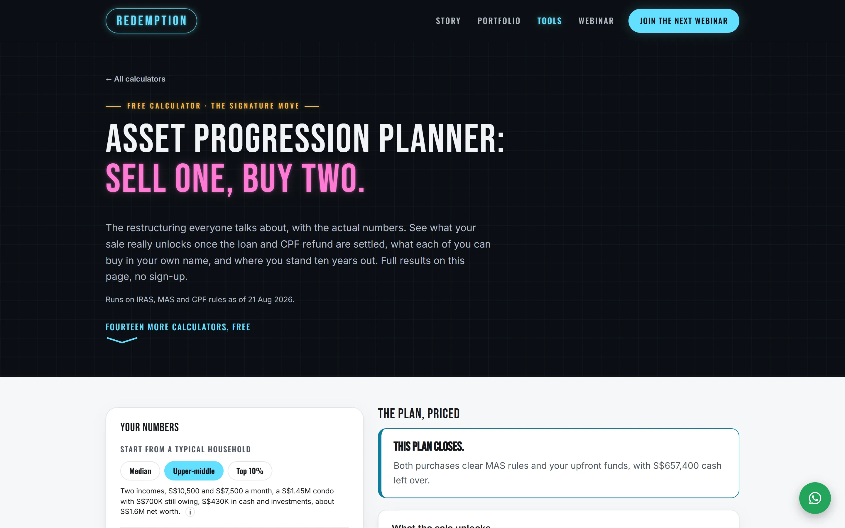The asset progression planner's opening screen. The page's heading reads 'Asset progression planner: sell one, buy two.', with the form starting below it.