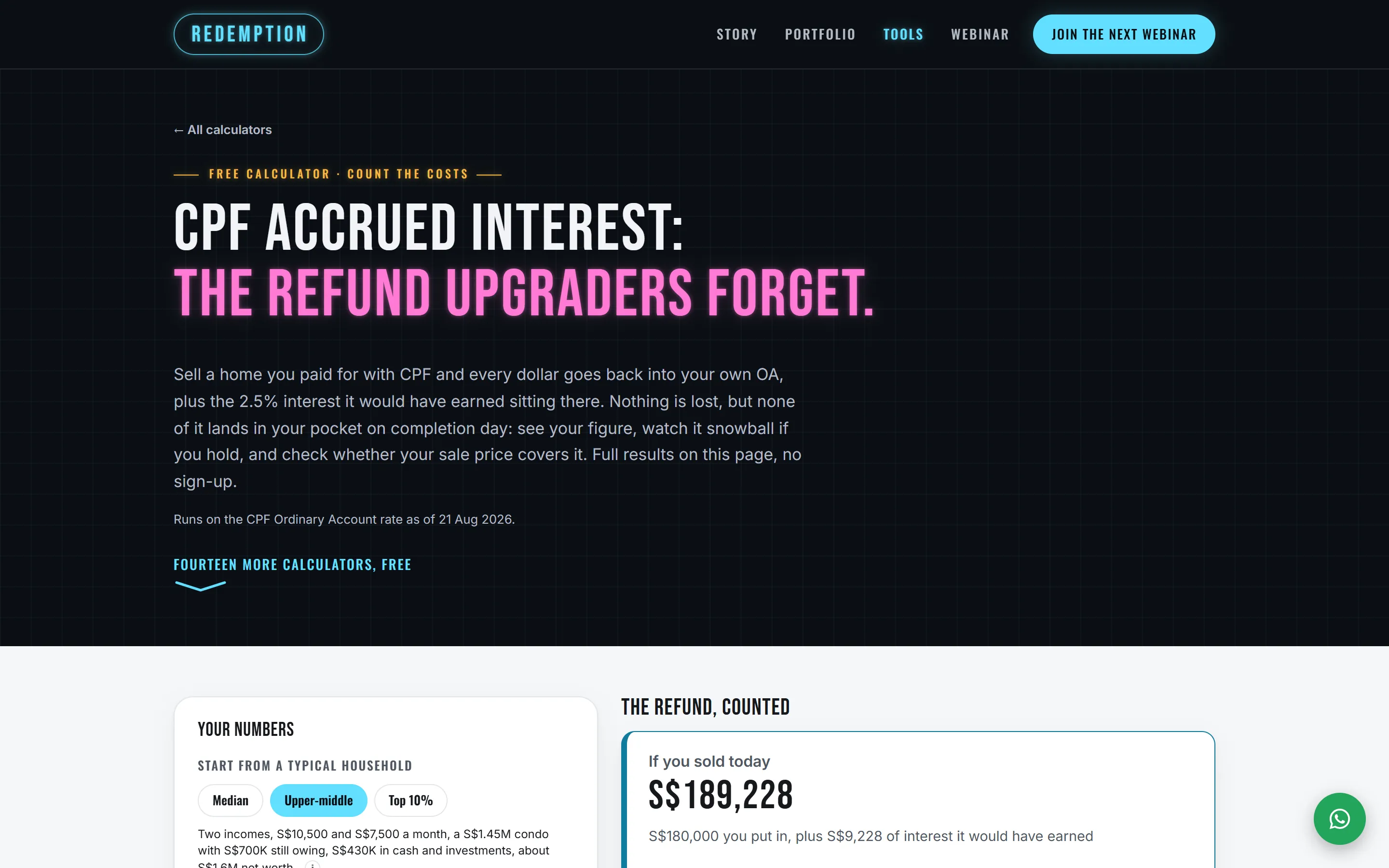 The CPF accrued interest calculator's opening screen. The page's heading reads 'CPF accrued interest: the refund upgraders forget.', with the form starting below it.