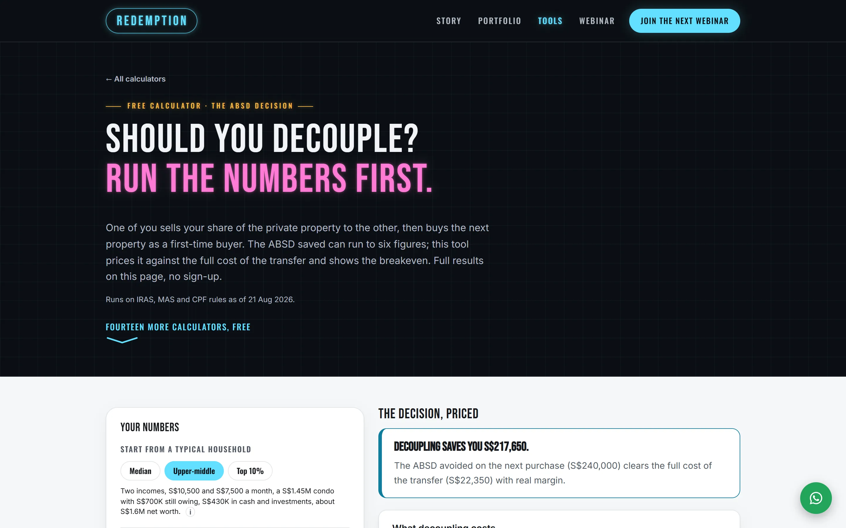 The decoupling calculator's opening screen. The page's heading reads 'Should you decouple? Run the numbers first.', with the form starting below it.