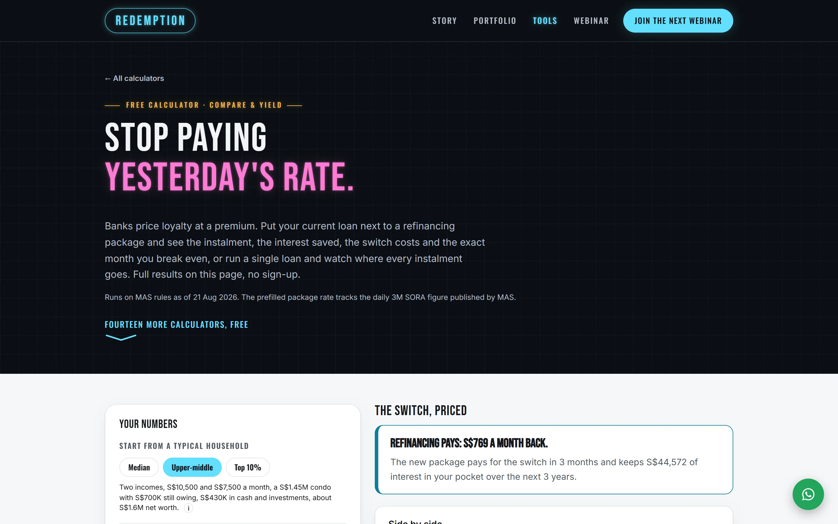 The mortgage and refinance comparator's opening screen. The page's heading reads 'Stop paying yesterday's rate.', with the form starting below it.