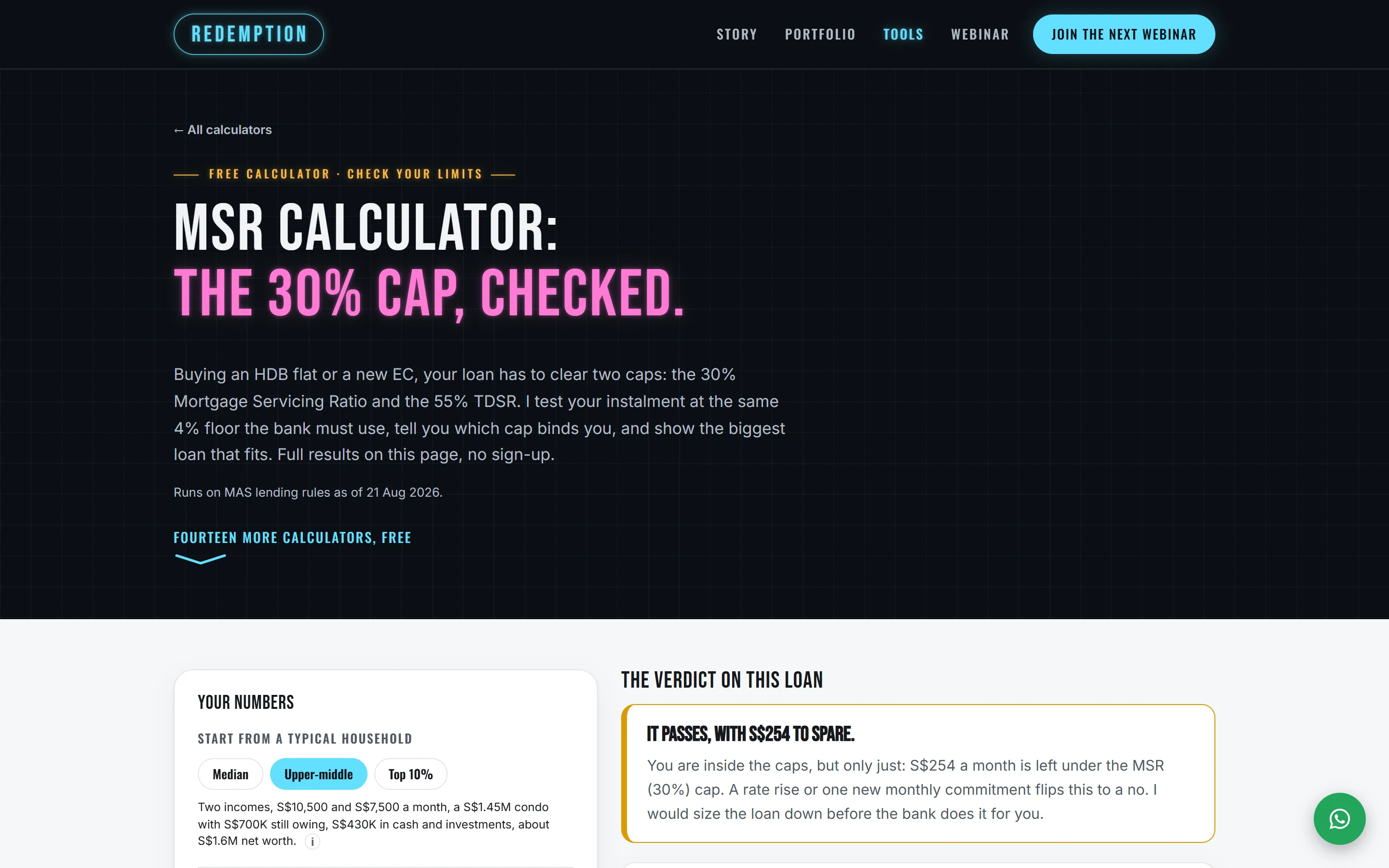 The MSR calculator's opening screen. The page's heading reads 'MSR calculator: the 30% cap, checked.', with the form starting below it.