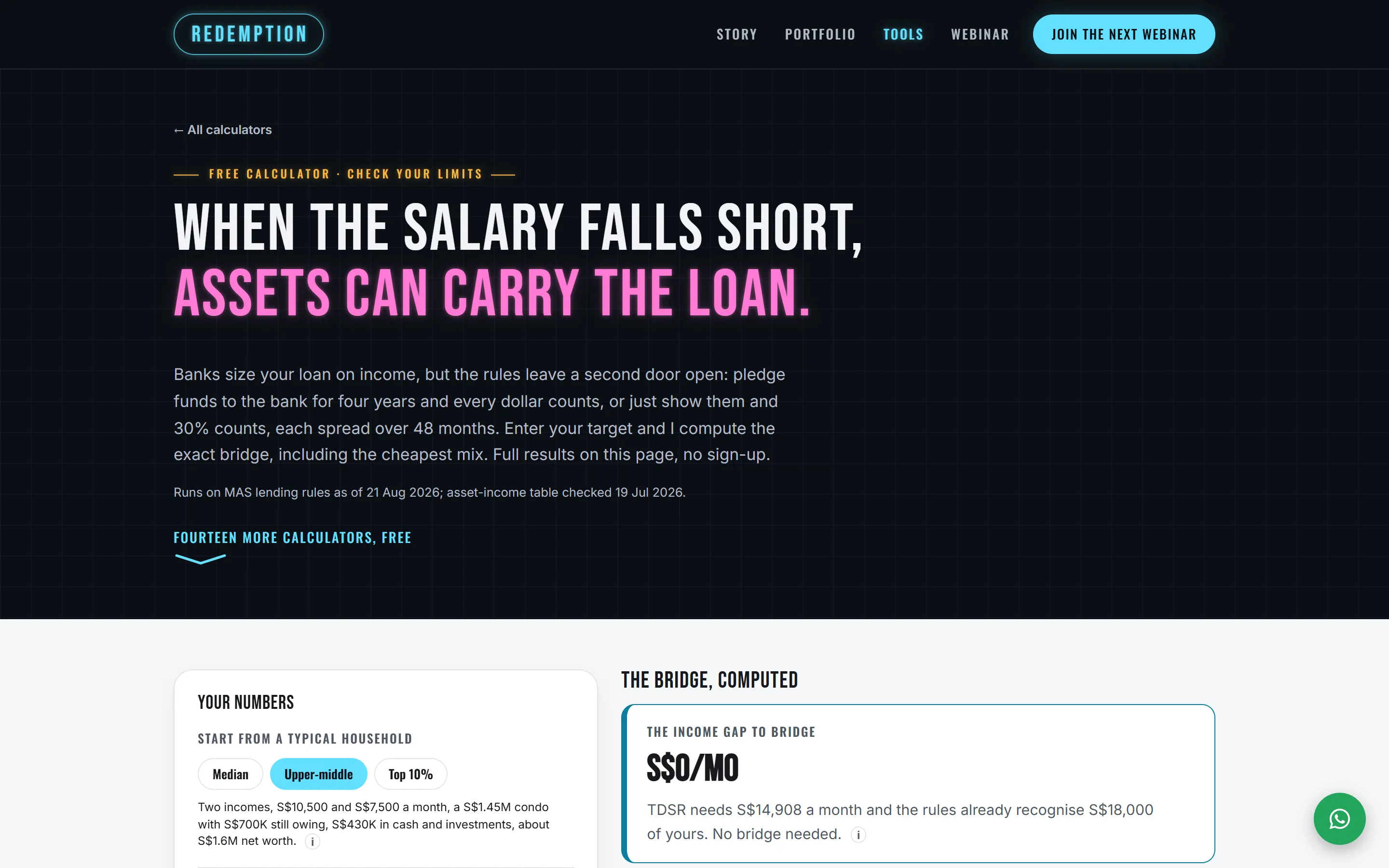 The pledging and show funds calculator's opening screen. The page's heading reads 'When the salary falls short, assets can carry the loan.', with the form starting below it.