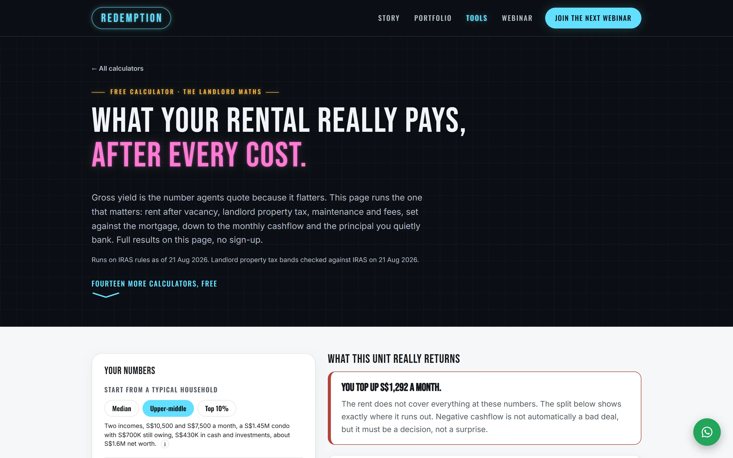The rental yield calculator's opening screen. The page's heading reads 'What your rental really pays, after every cost.', with the form starting below it.