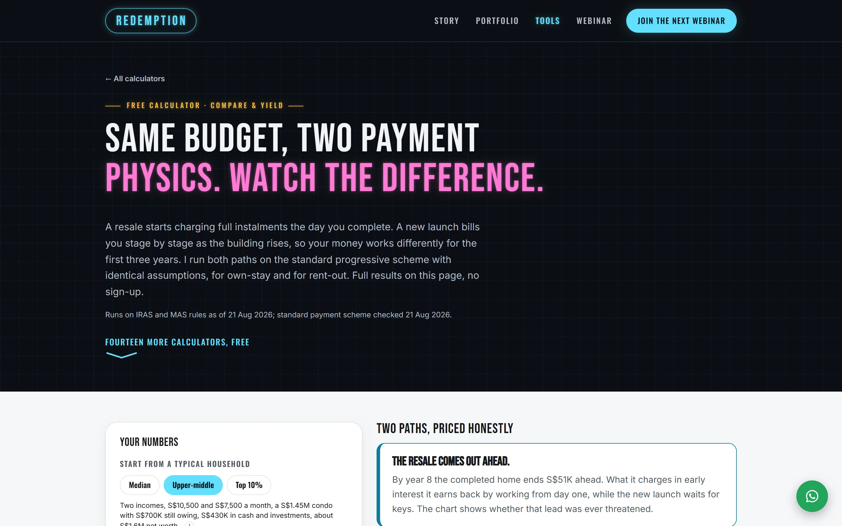 The resale versus new launch calculator's opening screen. The page's heading reads 'Same budget, two payment physics. Watch the difference.', with the form starting below it.