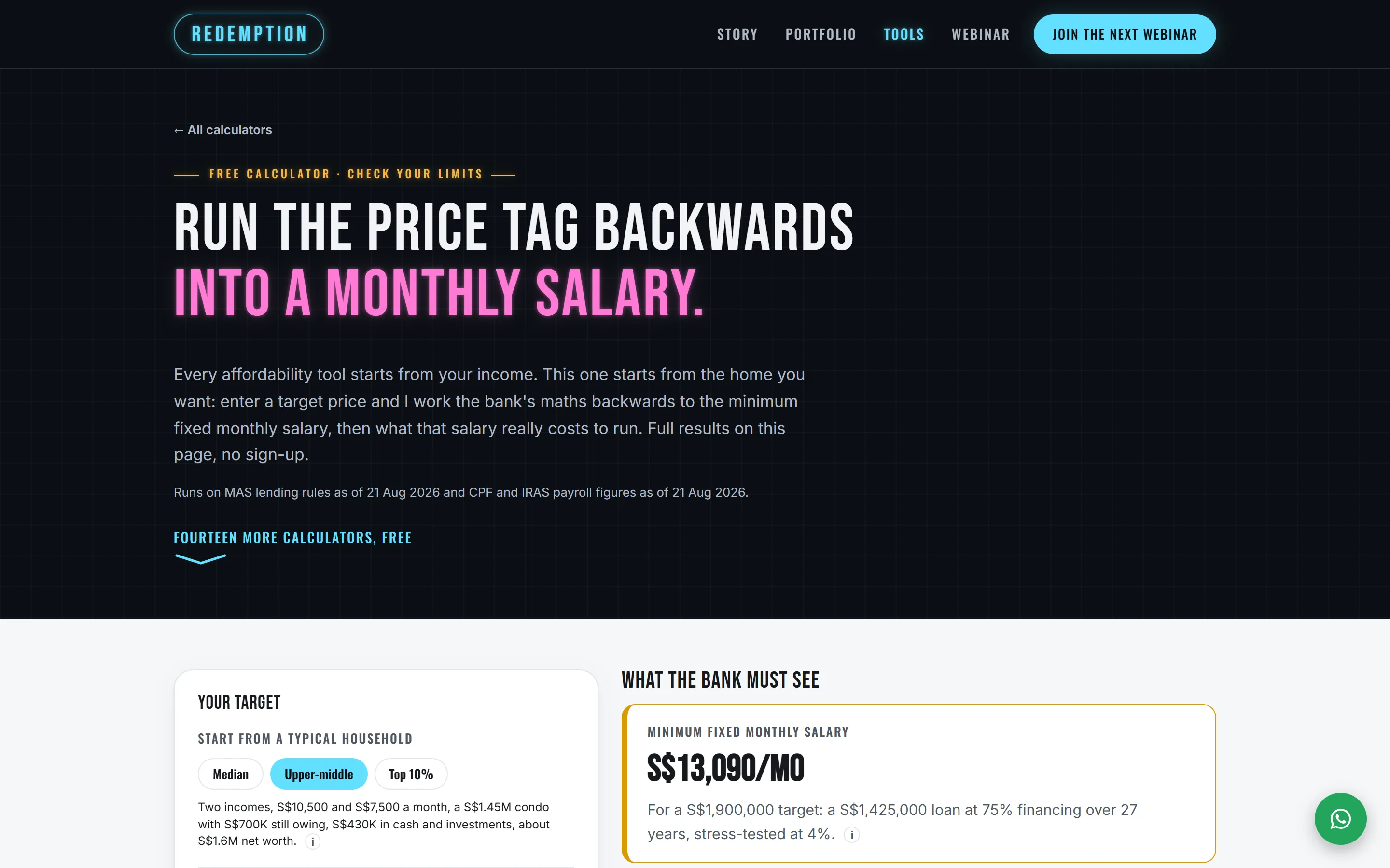 The salary to qualify calculator's opening screen. The page's heading reads 'Run the price tag backwards into a monthly salary.', with the form starting below it.