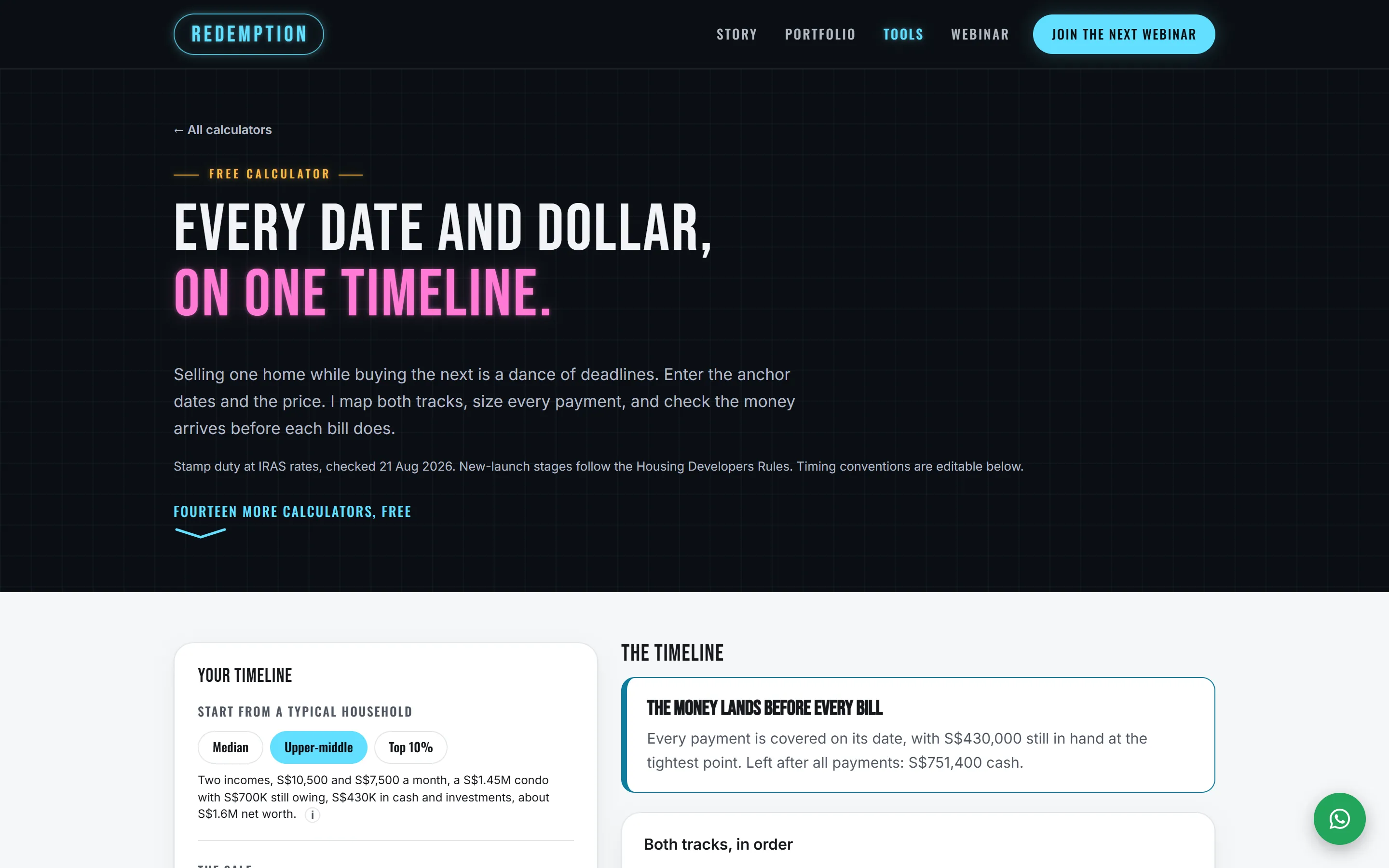 The sale and purchase timeline's opening screen. The page's heading reads 'Every date and dollar, on one timeline.', with the form starting below it.