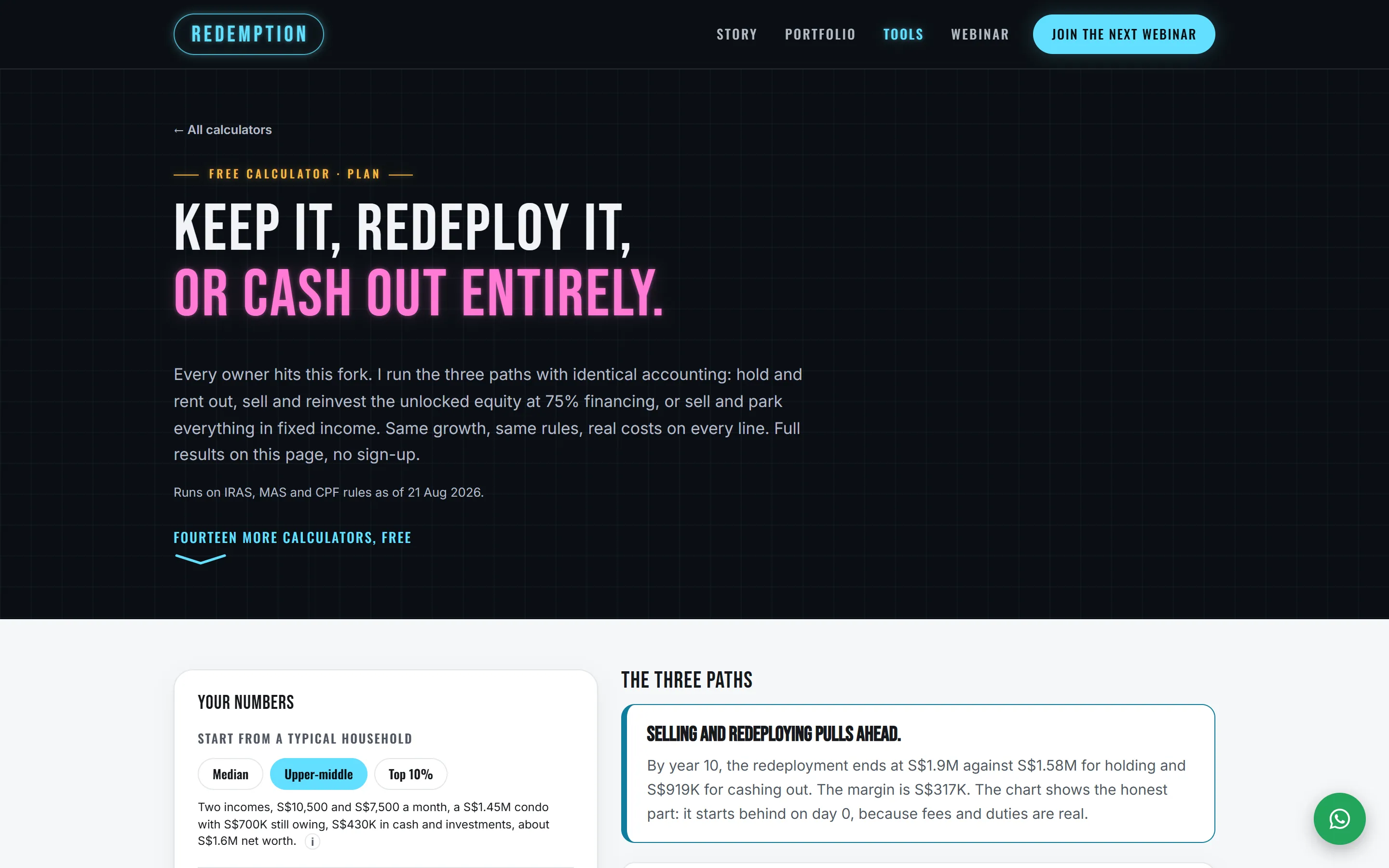 The sell or hold calculator's opening screen. The page's heading reads 'Keep it, redeploy it, or cash out entirely.', with the form starting below it.