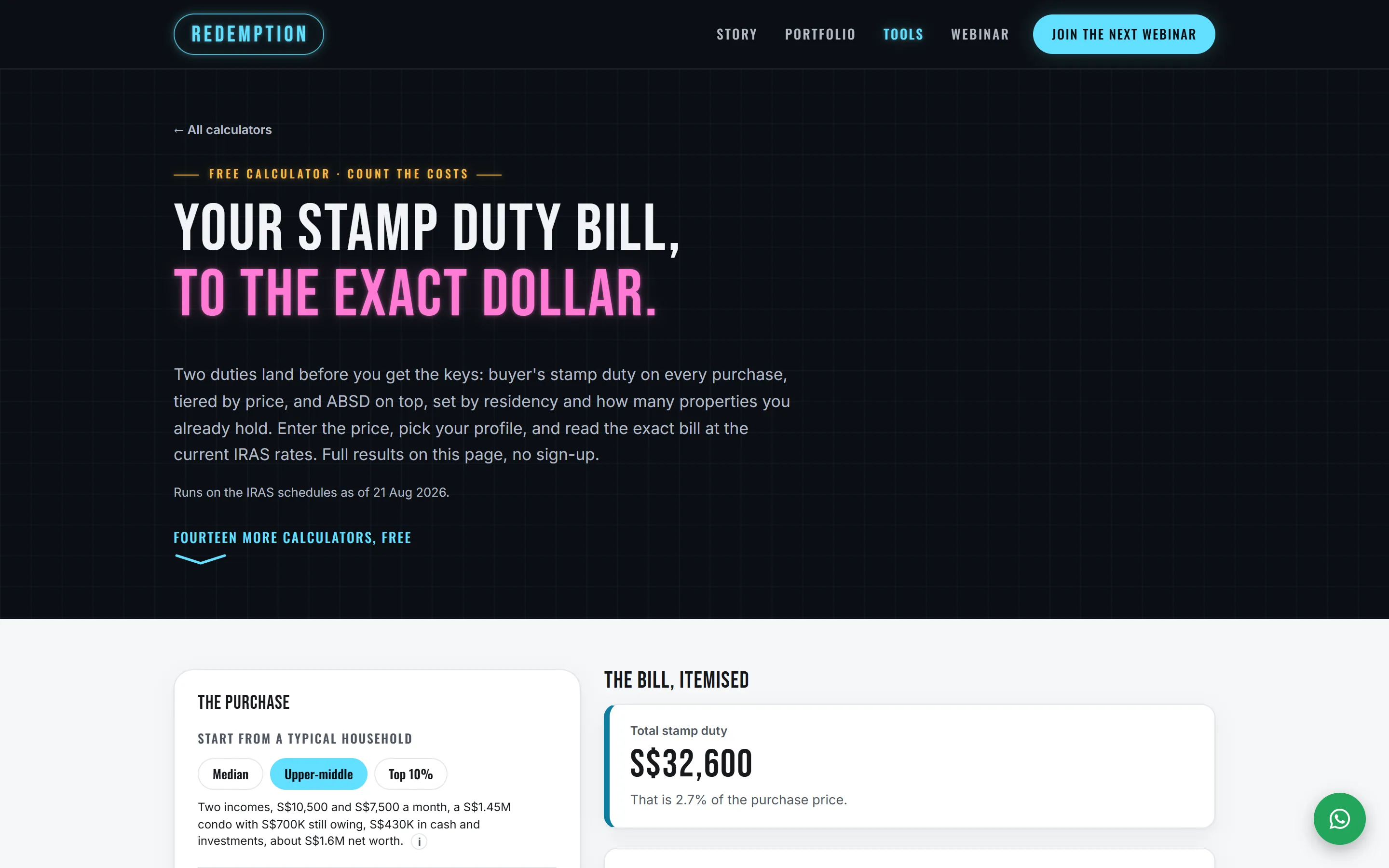 The stamp duty calculator's opening screen. The page's heading reads 'Your stamp duty bill, to the exact dollar.', with the form starting below it.