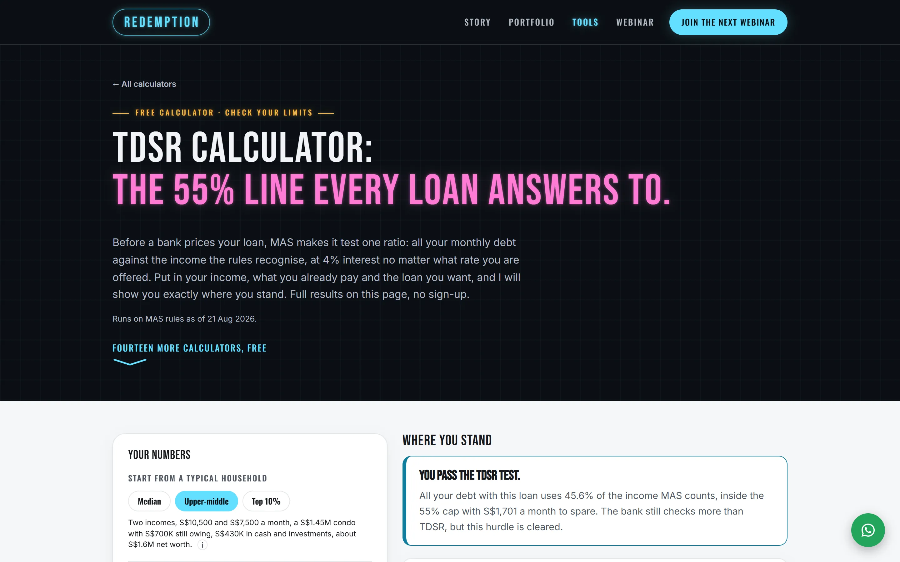 The TDSR calculator's opening screen. The page's heading reads 'TDSR calculator: the 55% line every loan answers to.', with the form starting below it.
