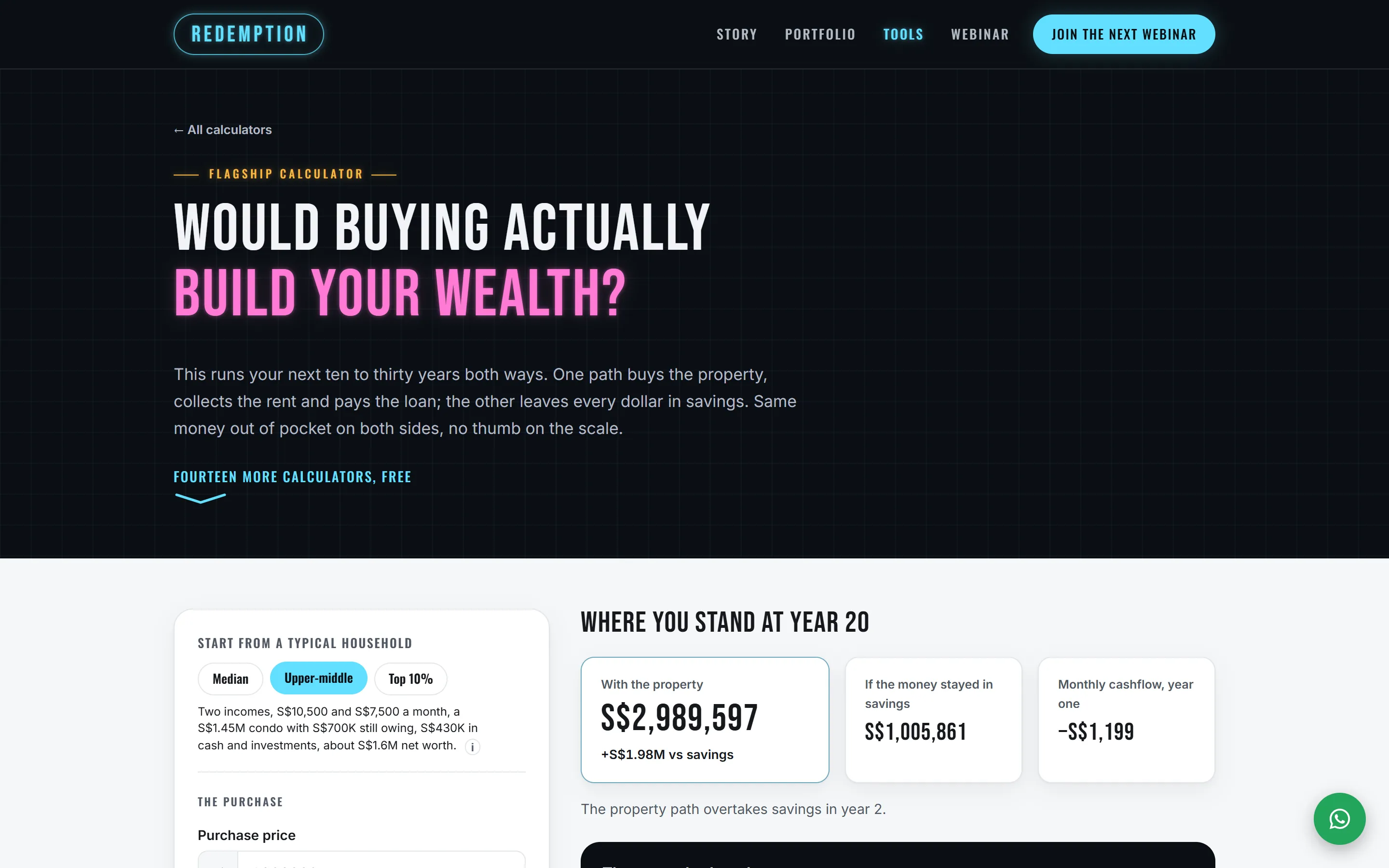 The wealth projection calculator's opening screen on redemption.sg. The page's heading reads 'Would buying actually build your wealth?', with the form starting below it.